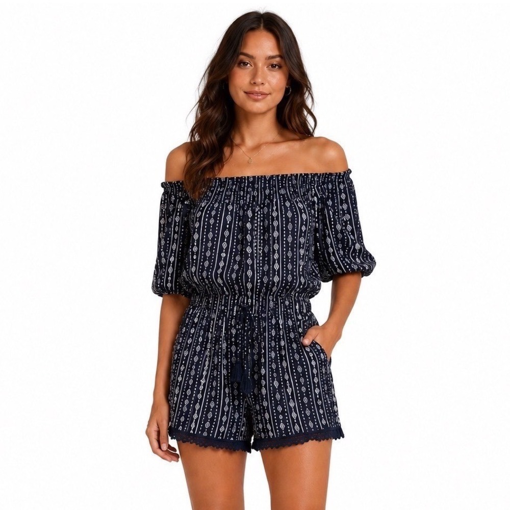 Boho Off Shoulder Romper Womens Small Navy Blue Tribal Festival Summer Beach